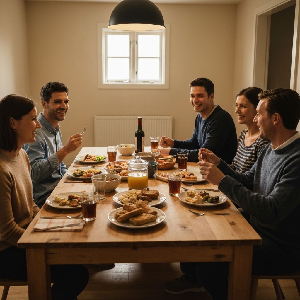 People sharing a relaxed dinner at home with warm lighting and balanced meal