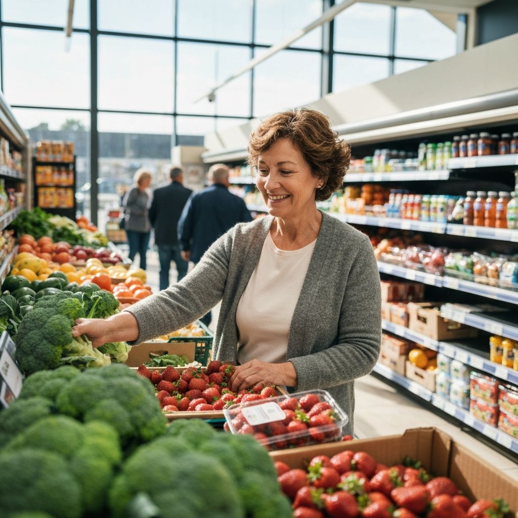 Person selecting fresh produce in supermarket aisle with calm, deliberate choice